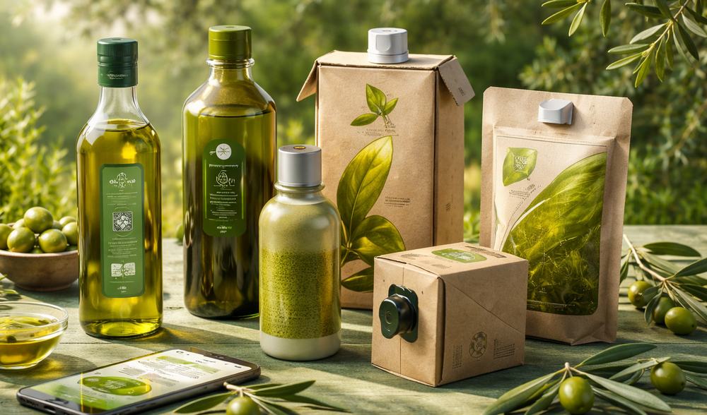 Packaging intelligente e sostenibile per l’olio EVO - immagine generata con AI